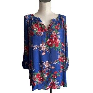 Pioneer Woman Tunic Top Blue Roses Floral Cottagecore Romantic Country Large